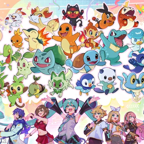 ポケモン　クリプトン・フューチャー・メディア『ポケモン feat. 初音ミク Project VOLTAGE』応援イラスト「旅立ちの3匹！！！」